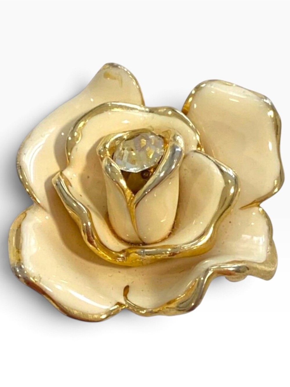 Vintage brooch By Craft Gold-Tone Ivory Enamel Rose Brooch With Rhinestone Cente